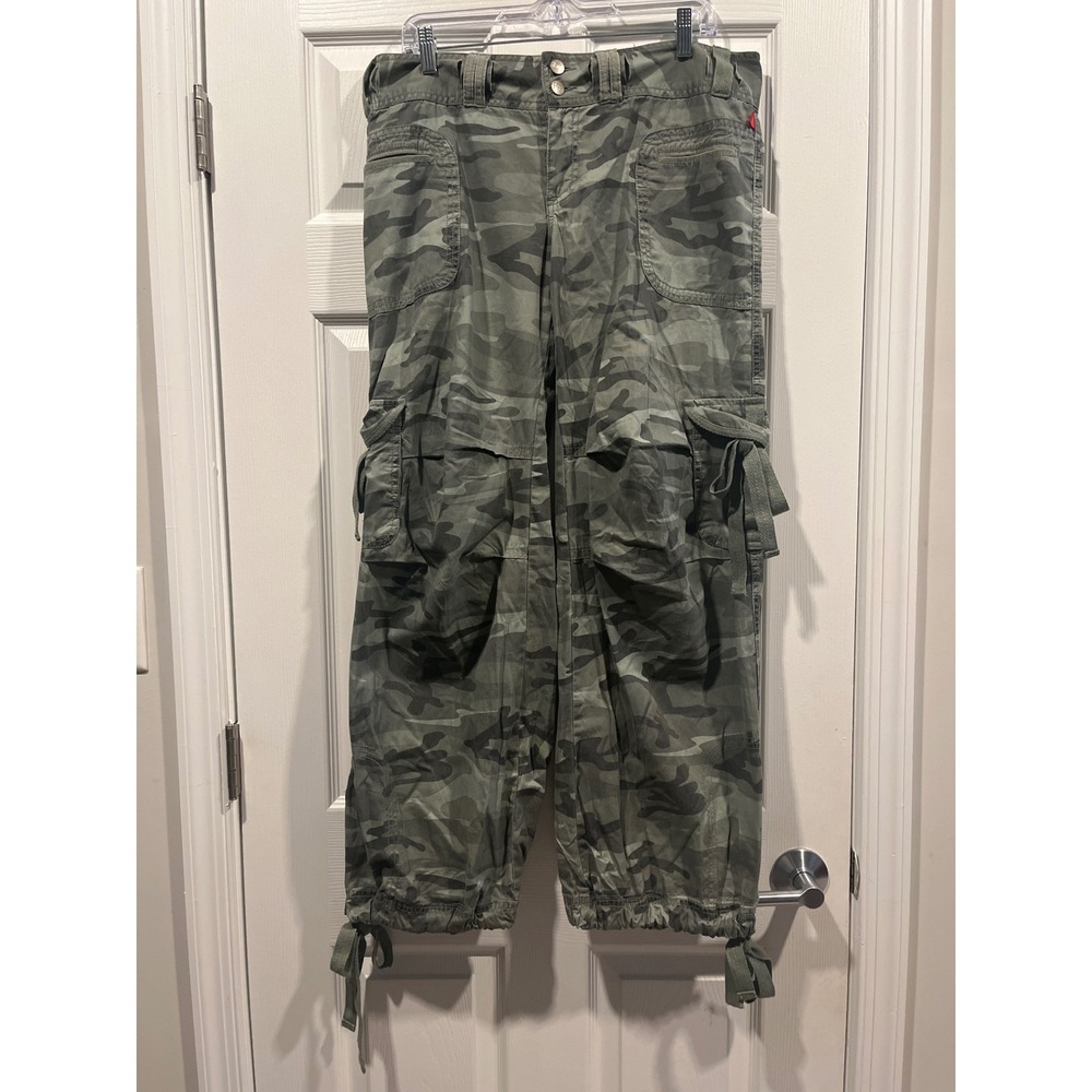 Green Camo Cargo Pants Utility Streetwear Multi Pocket Drawstring Hem Trousers